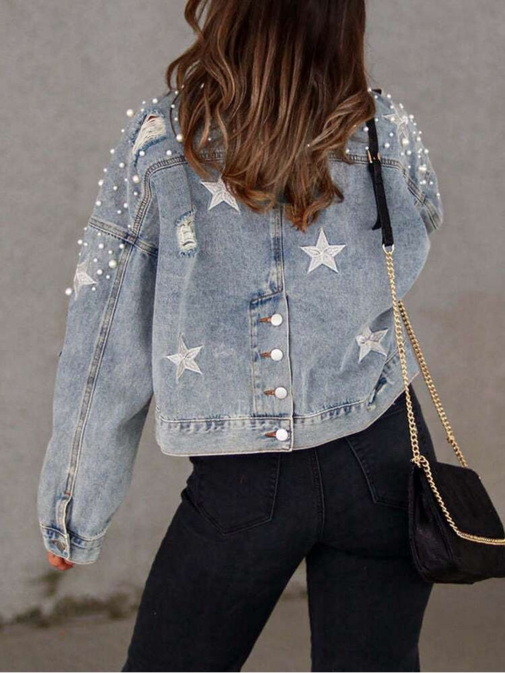 Women's Pearl-Embellished Light Wash Denim Jacket - Picture 2 of 7